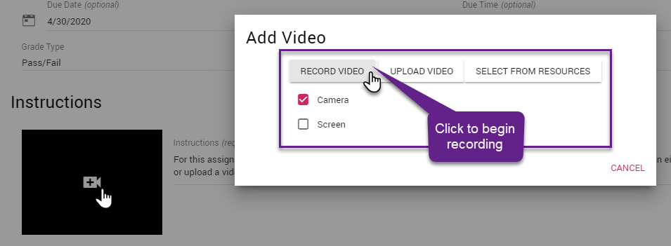 Adding video instructions to video assignment